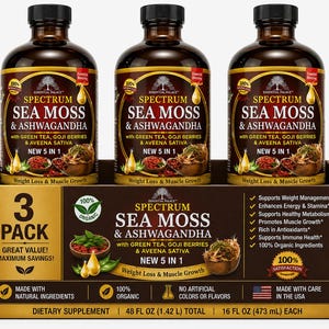 以下が含まれることがあります： ディスプレイボックスに入ったSpectrum Sea Moss & Ashwagandhaサプリメントのボトル3本。各ボトルは茶色で、黒いキャップと金色のラベルが付いています。ラベルには製品の成分と利点に関するテキストが含まれています。ボックスには「3 PACK」と書かれています。