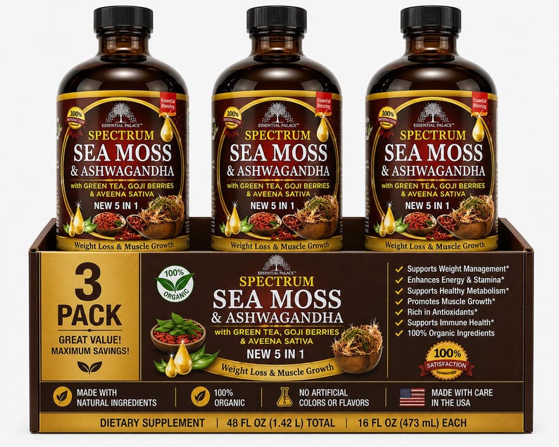 以下が含まれることがあります： ディスプレイボックスに入ったSpectrum Sea Moss & Ashwagandhaサプリメントのボトル3本。各ボトルは茶色で、黒いキャップと金色のラベルが付いています。ラベルには製品の成分と利点に関するテキストが含まれています。ボックスには「3 PACK」と書かれています。