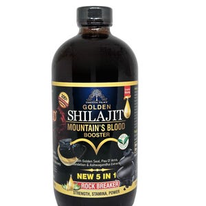 Puede incluir: Una botella marr&oacute;n oscuro de Golden Shilajit Mountain's Blood Booster. La etiqueta presenta texto que incluye "Essential Palace" y "New 5 in 1 Rock Breaker". La botella tiene una tapa negra y est&aacute; llena de un l&iacute;quido oscuro. La etiqueta tambi&eacute;n incluye las palabras "Fuerza, Resistencia, Poder".