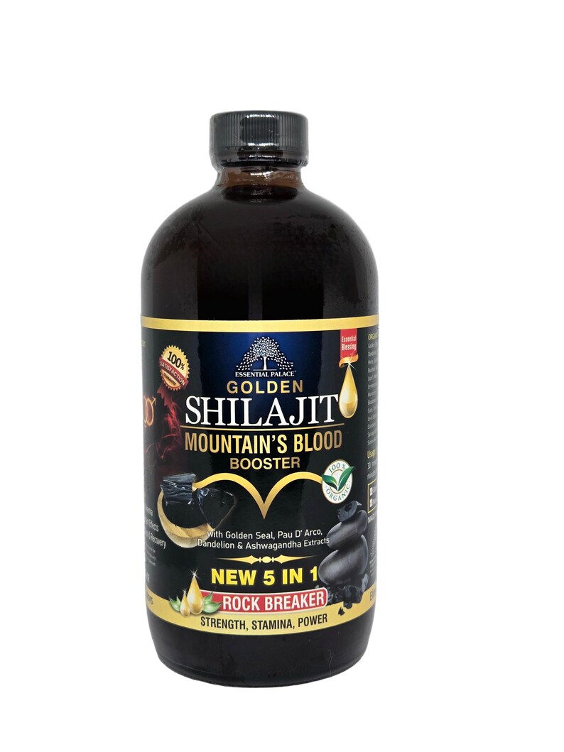 Puede incluir: Una botella marr&oacute;n oscuro de Golden Shilajit Mountain's Blood Booster. La etiqueta presenta texto que incluye "Essential Palace" y "New 5 in 1 Rock Breaker". La botella tiene una tapa negra y est&aacute; llena de un l&iacute;quido oscuro. La etiqueta tambi&eacute;n incluye las palabras "Fuerza, Resistencia, Poder".