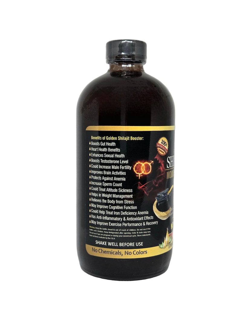 Puede incluir: Una botella de vidrio marr&oacute;n con tapa negra, que contiene un l&iacute;quido oscuro. La etiqueta enumera los beneficios de un Golden Shilajit Booster, incluyendo la salud intestinal y la mejora de la funci&oacute;n cognitiva. Tambi&eacute;n se ve el texto "SHAKE WELL BEFORE USE".