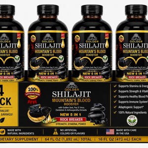 Puede incluir: Cuatro botellas de Golden Shilajit Mountain's Blood Booster se muestran en una caja negra. Cada botella tiene una tapa negra y una etiqueta dorada y negra. La etiqueta incluye texto e im&aacute;genes de piedras negras. La caja tambi&eacute;n tiene el texto "4 Pack" y "473 ml cada una."