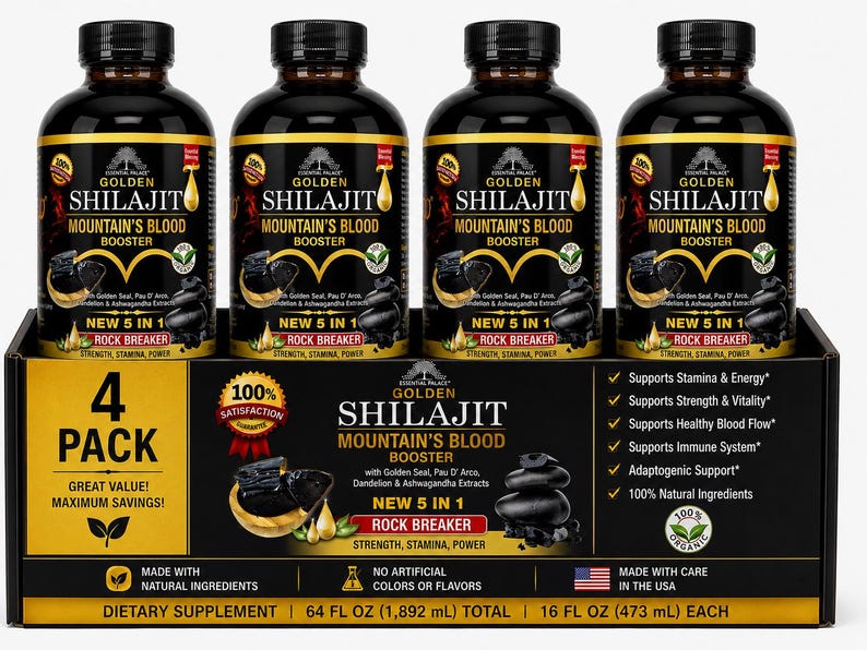 Puede incluir: Cuatro botellas de Golden Shilajit Mountain's Blood Booster se muestran en una caja negra. Cada botella tiene una tapa negra y una etiqueta dorada y negra. La etiqueta incluye texto e im&aacute;genes de piedras negras. La caja tambi&eacute;n tiene el texto "4 Pack" y "473 ml cada una."