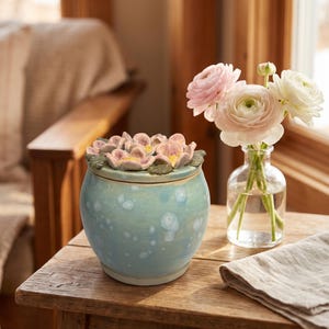 May include: A round, light blue ceramic jar with a speckled glaze finish. The lid features a cluster of sculpted, light pink flowers with yellow centers and green leaves. Next to the jar is a clear glass vase containing three pale pink ranunculus.