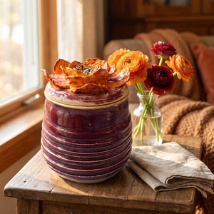 May include: A cylindrical ceramic jar with a deep purple glaze and horizontal ribbed texture. The lid features a large, sculpted orange and red flower topper. The jar has a glossy finish and sits upright, showcasing a handcrafted appearance.