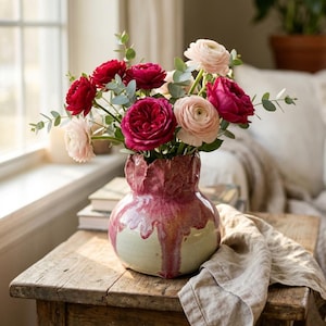 May include: A ceramic vase with a ruffled top edge, featuring a two-tone glaze of deep magenta dripping over a pale cream base. The vase is filled with a bouquet of vibrant red and soft pink ranunculus flowers mixed with green eucalyptus stems.