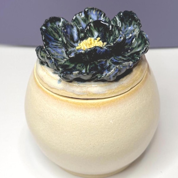 Handmade Stoneware Trinket Jar, Midnight Blue Flower Lid, Ivory Pottery Keepsake Box