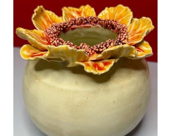 Hand Thrown Stoneware Sunflower Vase, Sculpted Floral Pottery, Yellow Red Artisan Decor