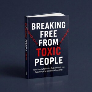 May include: A hardcover book titled Breaking Free From Toxic People with a dark blue cover. The title is printed in white and red text. A graphic of red chains is shown breaking apart. The subtitle reads How to Identify Narcissists, Protect Yourself from Gaslighting & Set Unbreakable Boundaries.