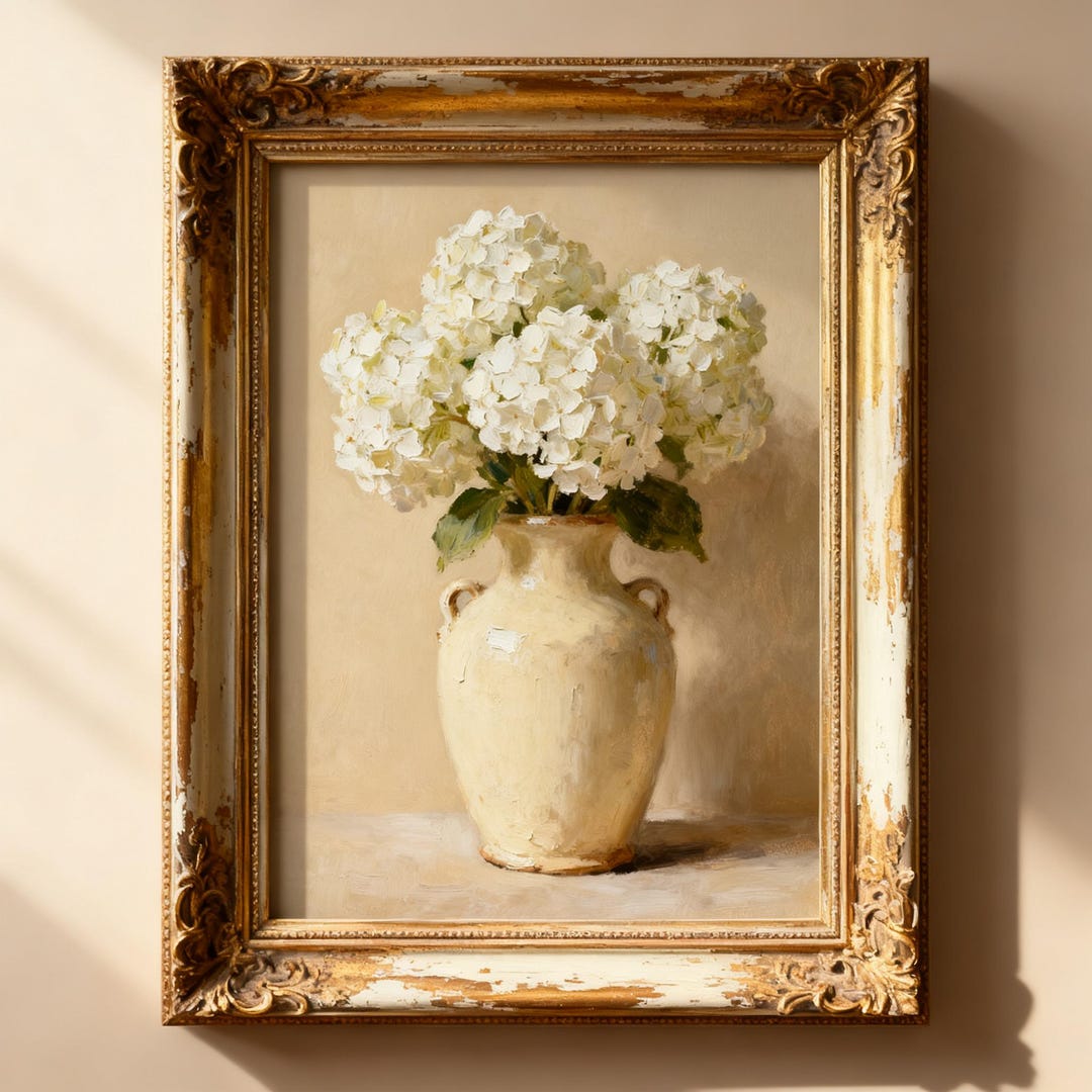 Hydrangea Wall Art Print, White Hydrangea Prints, Floral Oil Painting ...
