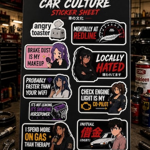 Car Enthusiast Sticker Sheet – Funny Car Culture, Anime Style Graphics
