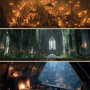 May include: A three-panel image depicting fantasy scenes. The top panel shows a crowded bazaar lit by lanterns. The middle panel features a gothic temple with a large window. The bottom panel shows a rooftop view of a town.