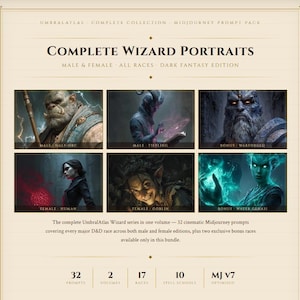 Op de afbeelding: Promotieafbeelding voor de UmbralAtlas Complete Wizard Portraits-serie. Het toont zes fantasieportretten van tovenaars, waaronder een Half-Orc, Tiefling, Warforged, Human, Goblin en Water Genasi. De tekst geeft aan dat de collectie 32 prompts, 2 volumes en 17 rassen bevat.