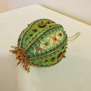 Vintage Beaded Sequin Christmas Ornament, Handmade Green Satin Push Pin Faberge Style Holiday Decor, Heirloom Jeweled Egg Ornament Craft