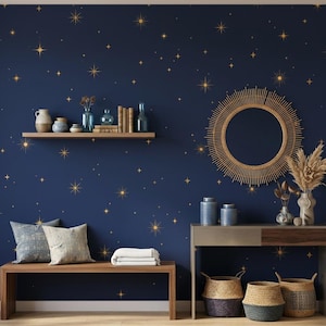 Celestial Gold Star Navy Wallpaper, Peel and Stick Night Sky Mural (Nursery Decor)