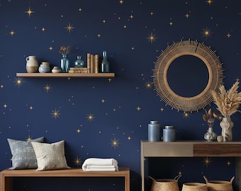 Celestial Gold Star Navy Wallpaper, Peel and Stick Night Sky Mural (Nursery Decor)