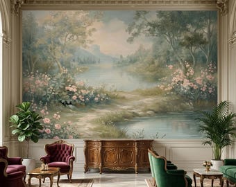 Vintage Oil Painting Romantic Lake Landscape Mural, Cottagecore Floral Wall Art Print