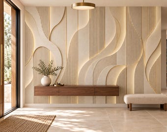 May include: A wall mural featuring cream-colored, three-dimensional wavy panels and vertical slats with integrated warm lighting. A floating dark wood console table is mounted below, holding a white vase with green foliage.
