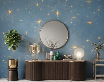 Celestial Gold Star Blue Wallpaper, Starry Night Nursery Wall Decor, Whimsical Galaxy Bedroom Mural