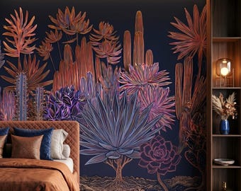Copper Desert Botanical Wallpaper, Navy Cactus Wall Mural, Southwest Boho Decor