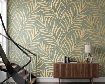 Gold Art Deco Palm Leaf Wallpaper, Sage Green Tropical Wall Decor, Boho Accent Home