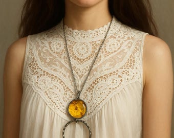 Stained Glass Loupe Pendant Necklace: Yellow Celestial Jewelry