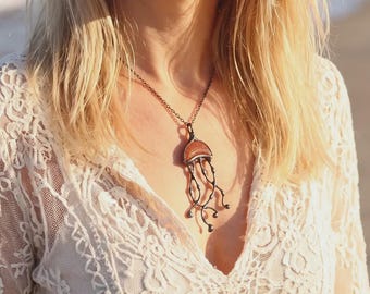 Jellyfish Art Pendant with sunstone crescent  moon – Handmade Crystal Jewelry