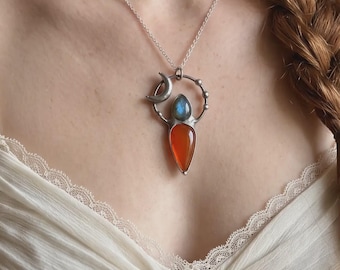 Moon Labradorite  carnelian Necklace: Gemstone Vintage Silver Pendant, Handmade Jewelry