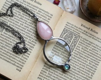 Magnifying Glass Loupe Pendant, Rose Quartz Crystal Necklace, Boho Statement Jewelry