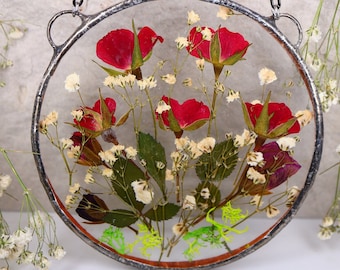 Fall Pressed Rose Flower Stained Glass Suncatcher: Home Decor Gift