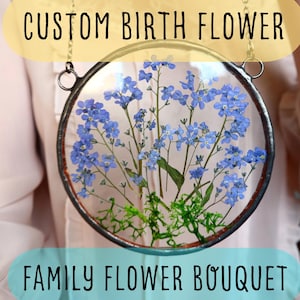 Personalized Birth Month Flower Bouquet, Personalised Family Portrait, Gift for Mom Grandma, stained glass window hangings, 1 st anniversary