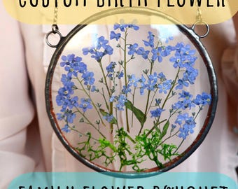 Personalized Birth Month Flower Bouquet, Personalised Family Portrait, Gift for Mom Grandma, stained glass window hangings, 1 st anniversary