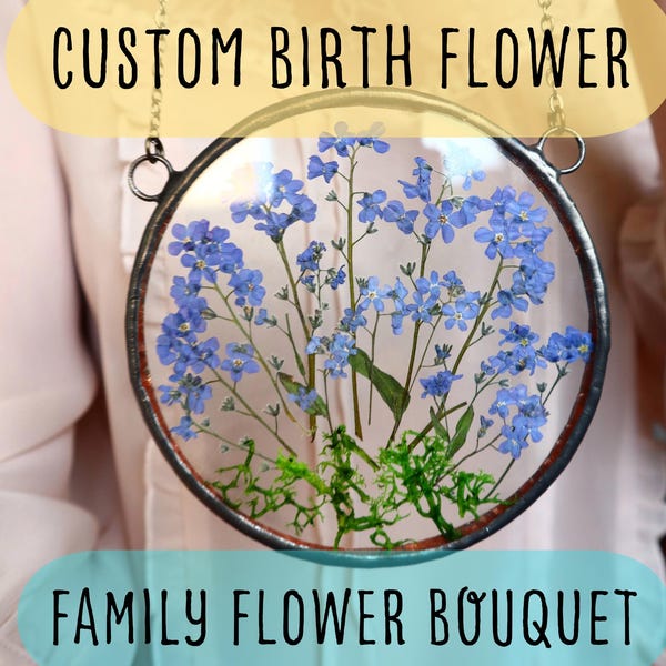 Ramo de flores prensadas personalizadas del mes de nacimiento: regalo de decoración boho para el hogar, retrato familiar en vidriera para decoración del hogar
