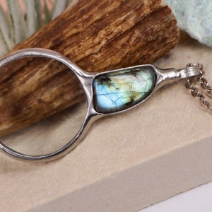 MAGNIFYING glass necklace, magnifying glass Loupe pendant,  blue fire LABRADORITE necklace, gift for women handmade
