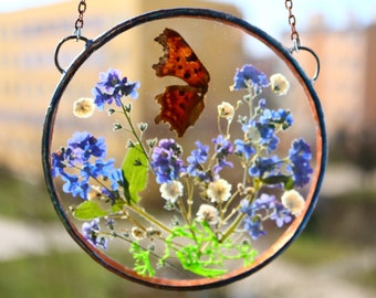 butterfly forget me not, stained glass window hangings, womens day gift, pressed flower frame window Home decor, terrarium sun catcher