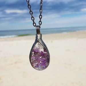 Raw Amethyst Terrarium Necklace: Eco-Friendly Silver Jewelry