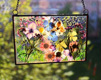 butterfly forget me not pressed flower suncatcher decor, stained glass window hangings, woman gift 1 st anniversary, preserve flowers