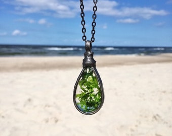 Green Moss Terrarium Necklace: Soldered Glass Medallion Pendant