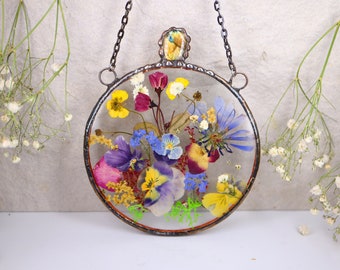 Mothers day Gift, Home decor hydrangea pansy bird meadow flower pressed flower frame, Gift for Wife,Stained glass, Window Suncatcher