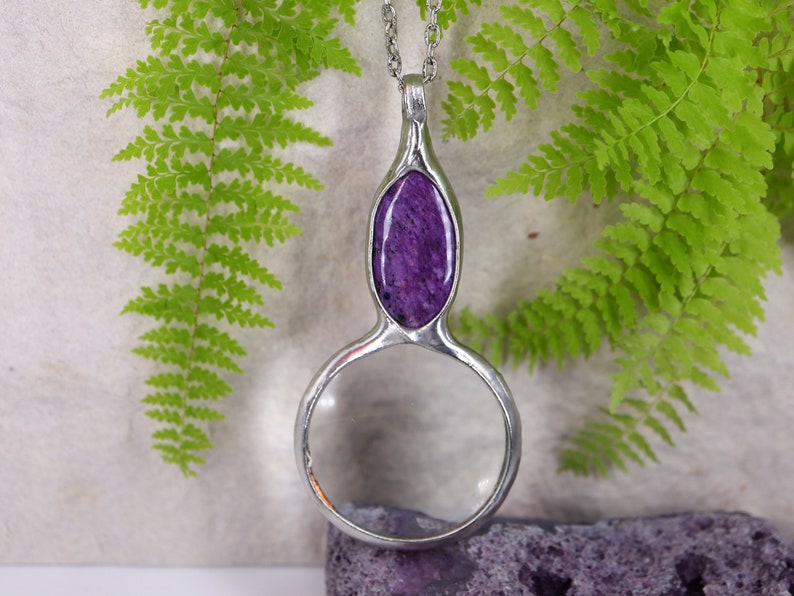 MAGNIFYING glass necklace, magnifying glass Loupe pendant, Charoite necklace, gift for women handmade image 3