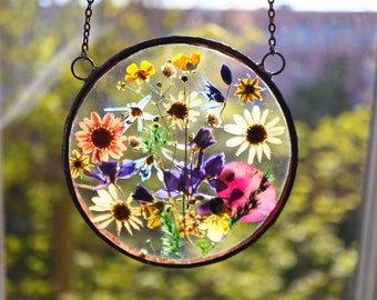 moederdagcadeau Woondecoratie, Verjaardagsgeperste bloemenlijst, Cadeau voor vrouw, Gebrandschilderd glas, Raamhangende Suncatcher