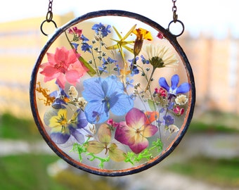 Mother day Gift, Home decor flowerwith bird meadow flower pressed flower frame, Gift for Wife,Stained glass, Window Suncatcher