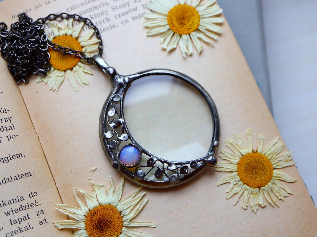 Opalite Crescent Moon Loupe Necklace: Handmade Boho Magnifying Glass ...