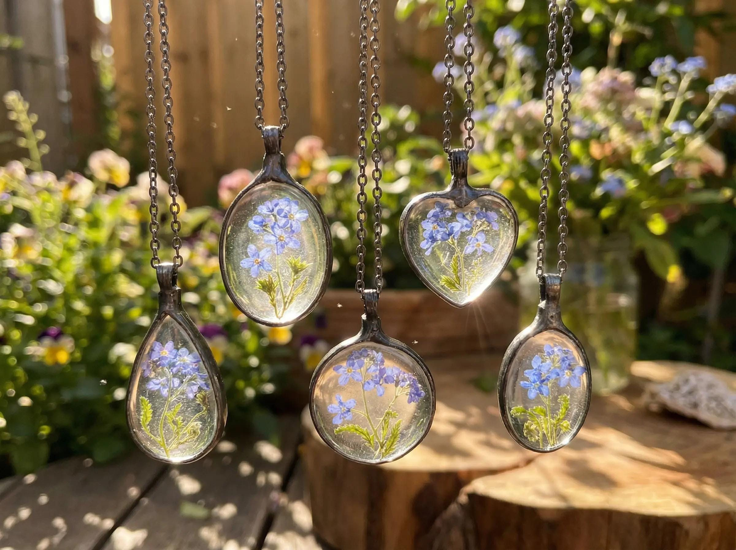 Collier Vintage Rhodié Argenté Avec Pendentif Fleur En Verre Boréalis Brillant - Réf A14