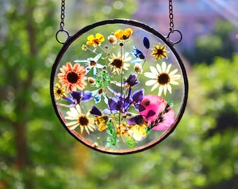 mothers day gift Home decor, Birthday pressed flower frame, Gift for Wife,Stained glass,Window Hanging Suncatcher