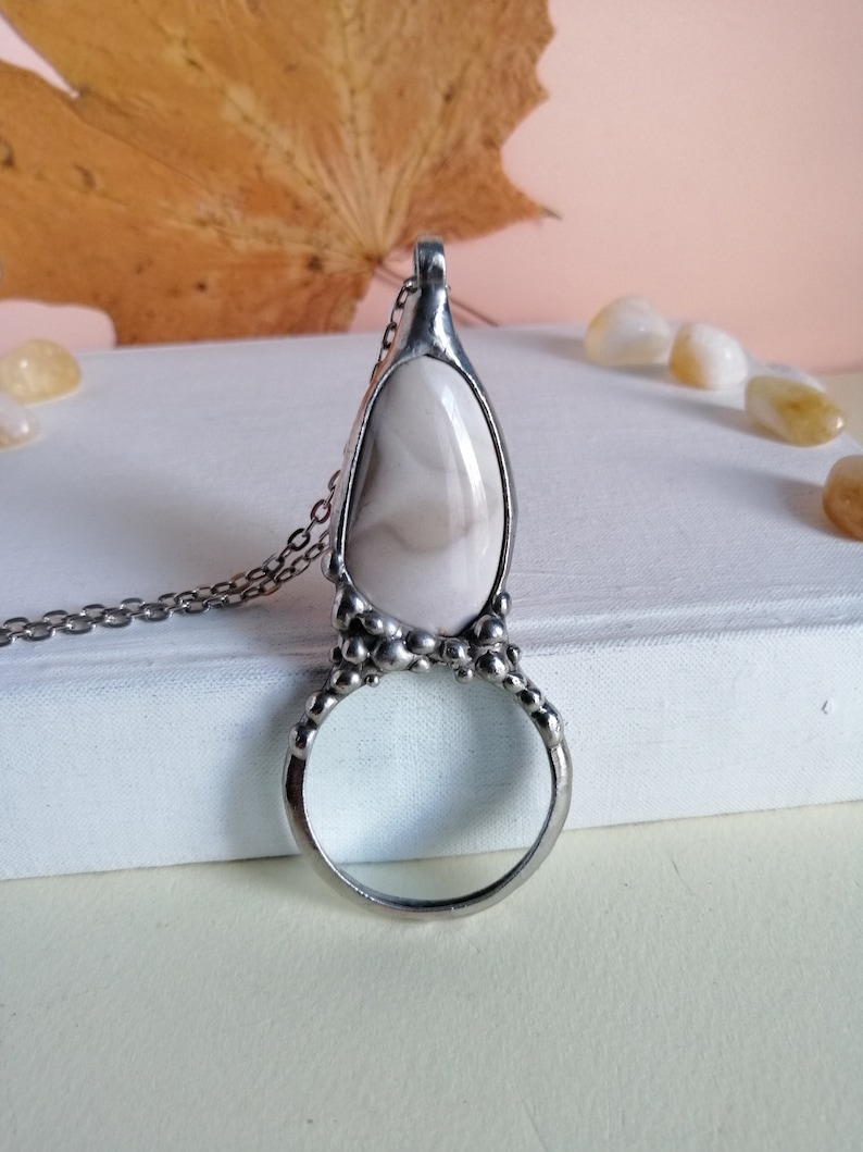 loupe necklace gift for grandma handmade MAGNIFYING glass necklace striped flint necklace magnifying glass Loupe pendant