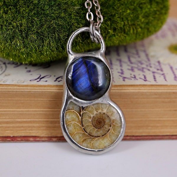 AMMONITE con Collar de labradorita, regalo para mujeres, Collar de Declaración, Collar Boho, regalo para ella, regalo para hombre