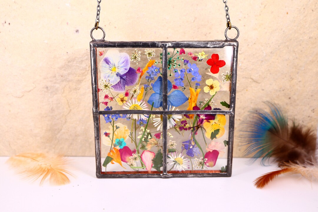 Dried Pressed Flowers Window Frame With Flowers Stained Glass Etsy