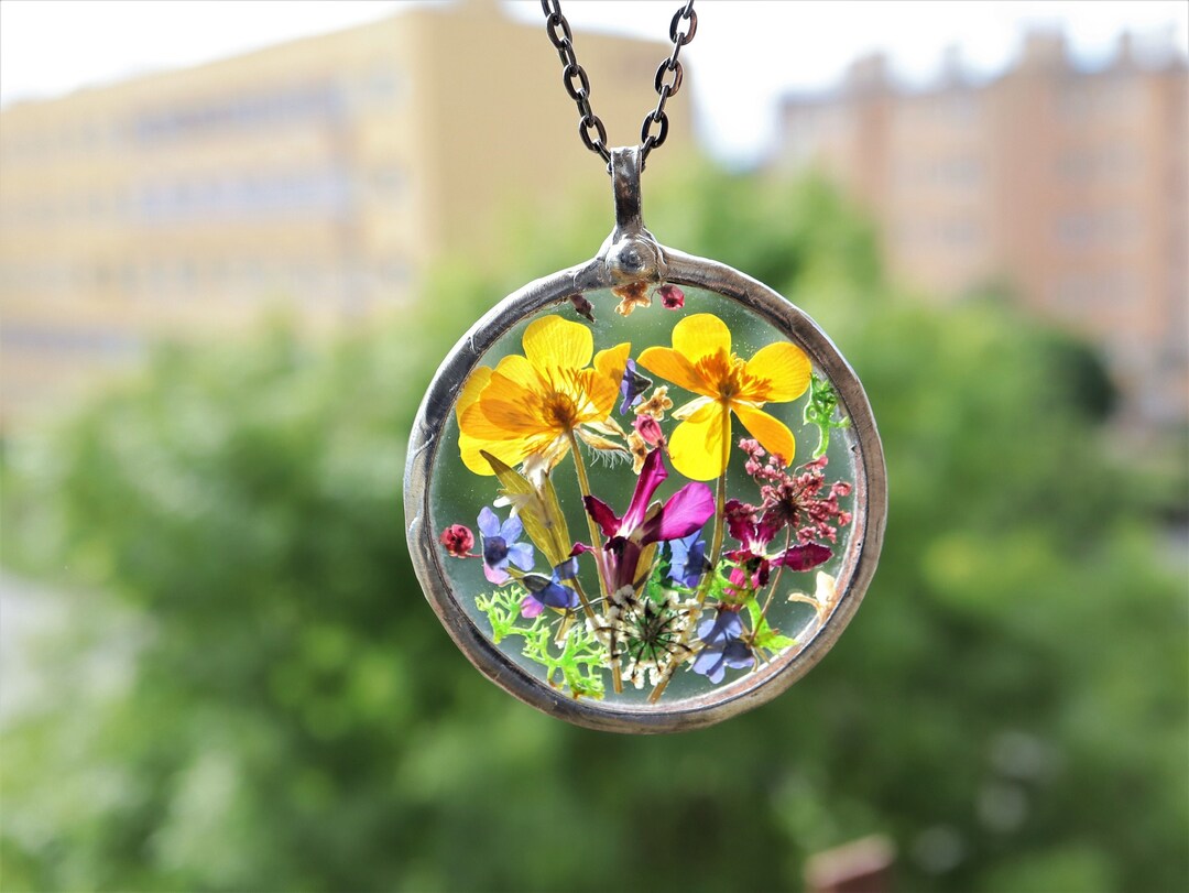 Pressed Yellow Flower Necklace Me Not Flower Necklace Etsy