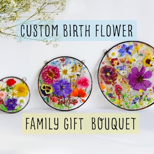 Personalized Birth Month Flower Bouquet, Personalised Family Portrait, Gift for her birthday, stained glass window, 1 st anniversary